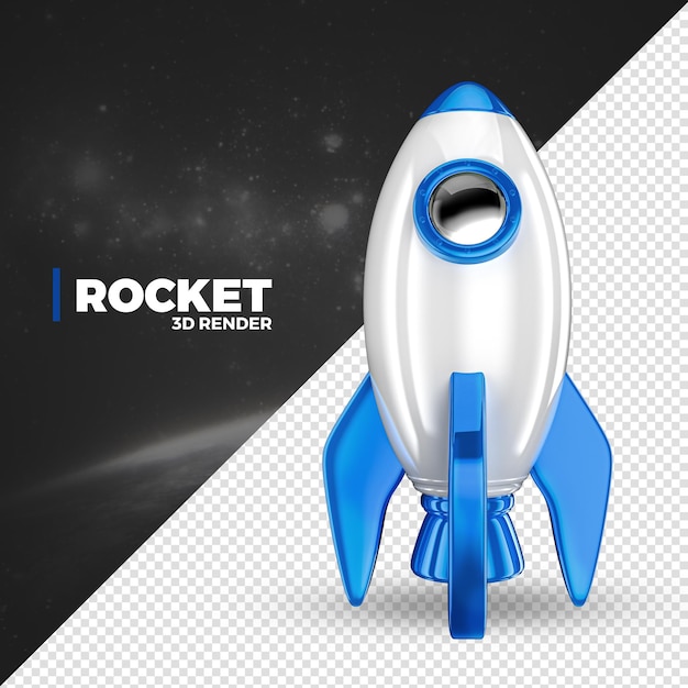PSD foguete espacial azul e branco voando 3d render isolado