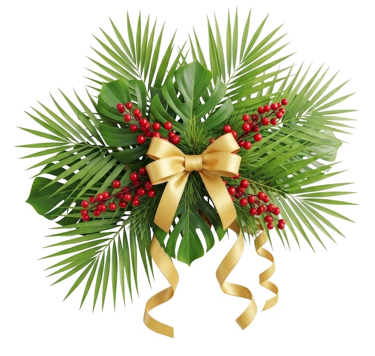 PSD folhas tropicais de monstera e palmeira com bagas vermelhas de natal e laço dourado