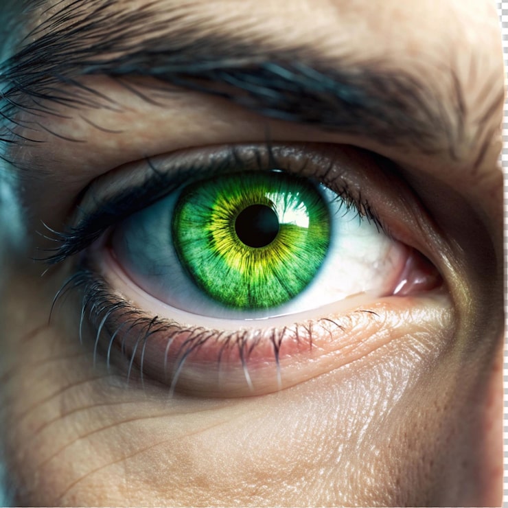 PSD fotografía macro de un ojo con iris verde y tecnología integrada