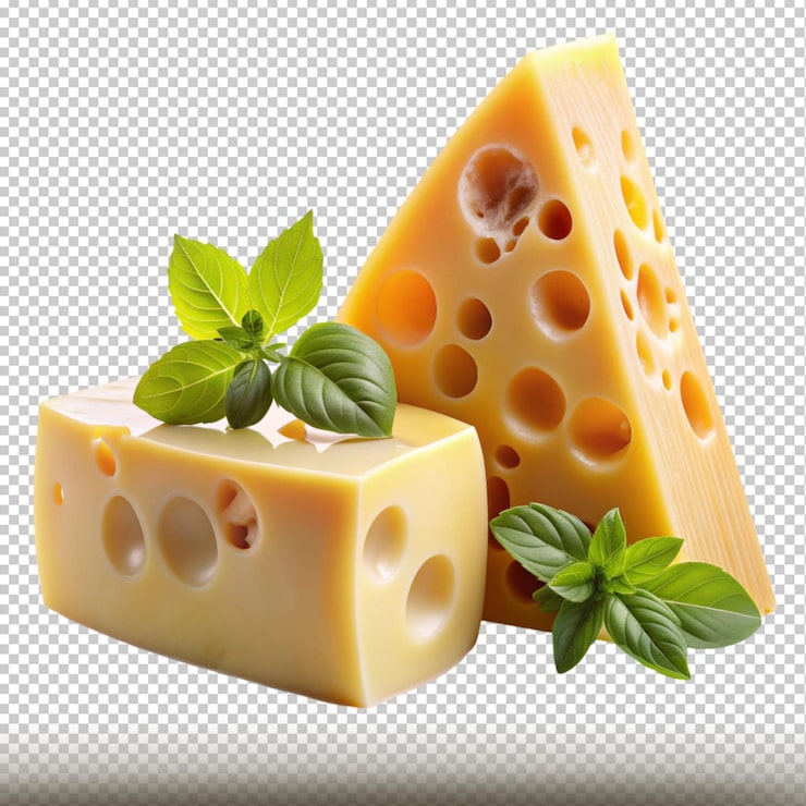 PSD fromages avec fromage et feuilles de menthe sur un fond transparent