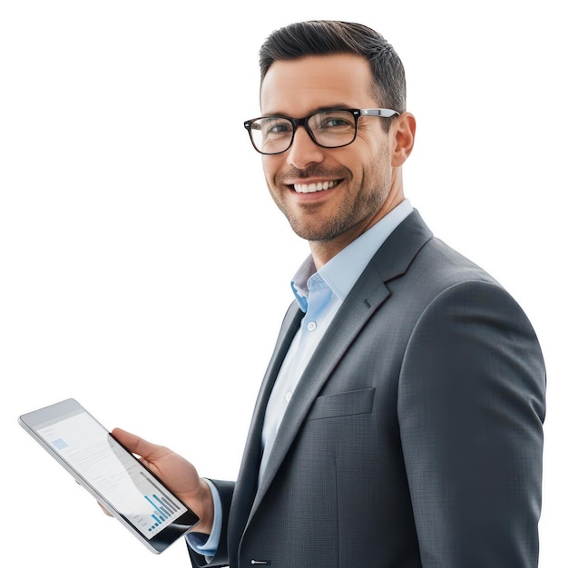 PSD geschäftsmann überprüft daten auf einem tablet