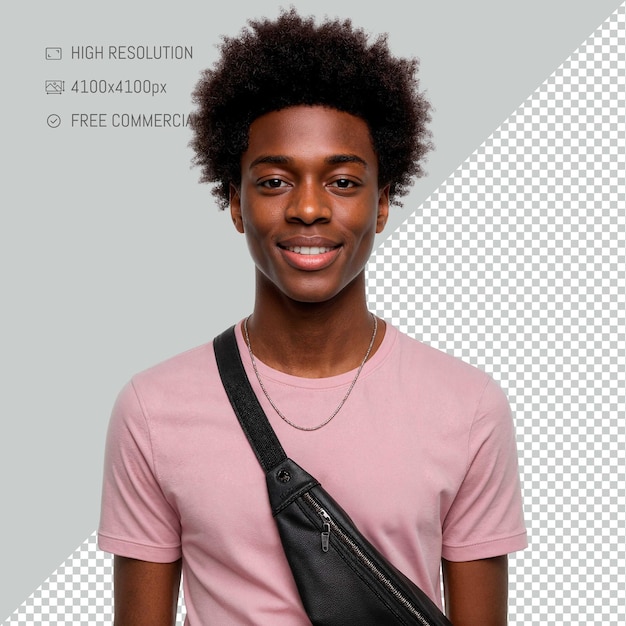 PSD giovane studente nero sorridente con capelli afro
