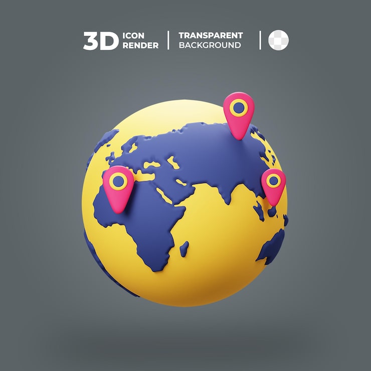 PSD un globo terráqueo con un mapa y tres puntos de alfiler para icono 3d