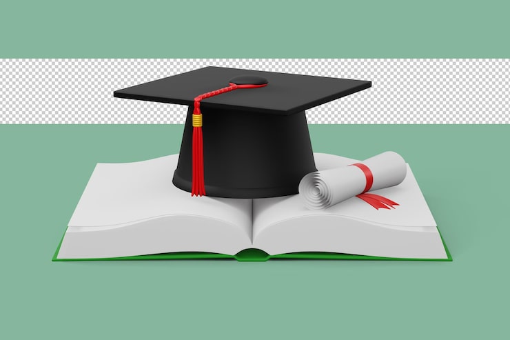 PSD gorra de graduación con diploma y renderizado 3d de libros