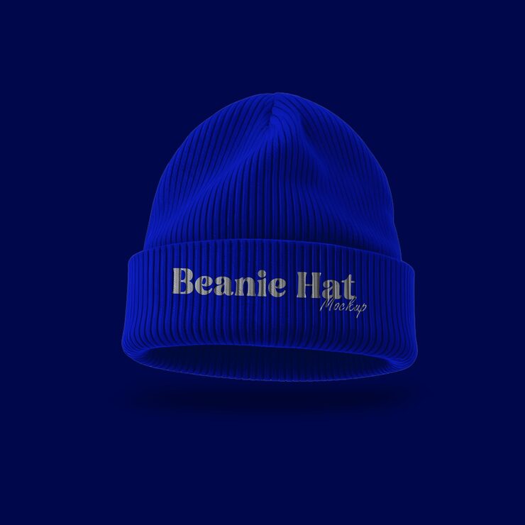 PSD gorro azul vibrante con texto elegante sobre fondo oscuro