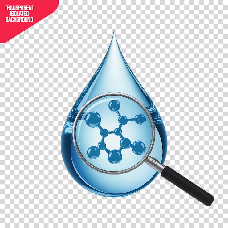 PSD goutte d'eau avec loupe et structure moléculaire