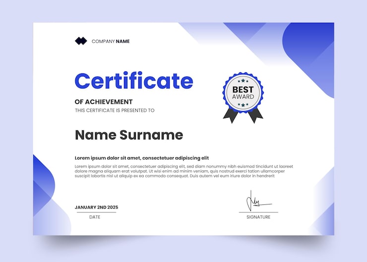 PSD gradiente simples azul e modelo de certificado moderno