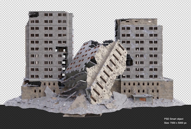 PSD gran edificio dañado después de la guerra aislado render 3d