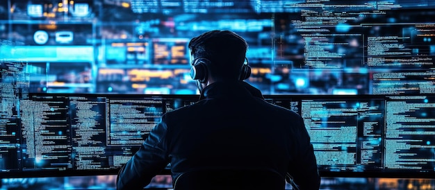 PSD hacker travaillant sur un écran rempli de code