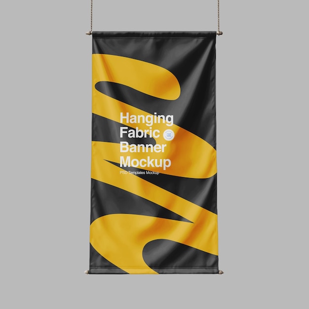 PSD hängendes stoffbanner-mockup mit abstraktem gelben design