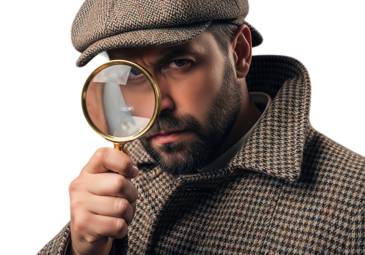 PSD hombre examinando con lupa