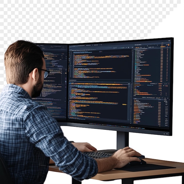 PSD un homme est assis à un ordinateur avec le code du mot sur l'écran