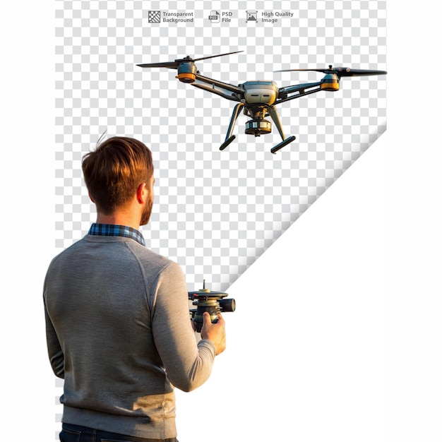 PSD un homme exploitant un drone avec une télécommande