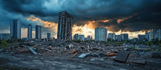 PSD un horizonte post-apocalíptico de la ciudad con una dramática puesta de sol