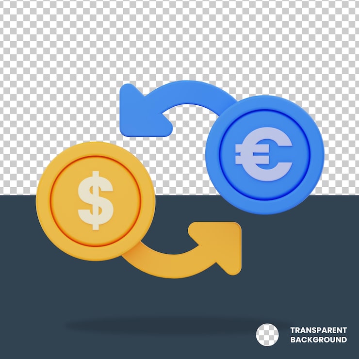 PSD icono 3d de cambio de divisas: conversión de dólar a euro