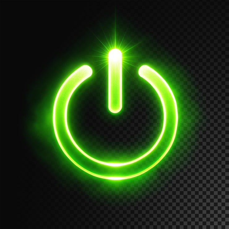 PSD icono de botón de encendido de neón verde brillante