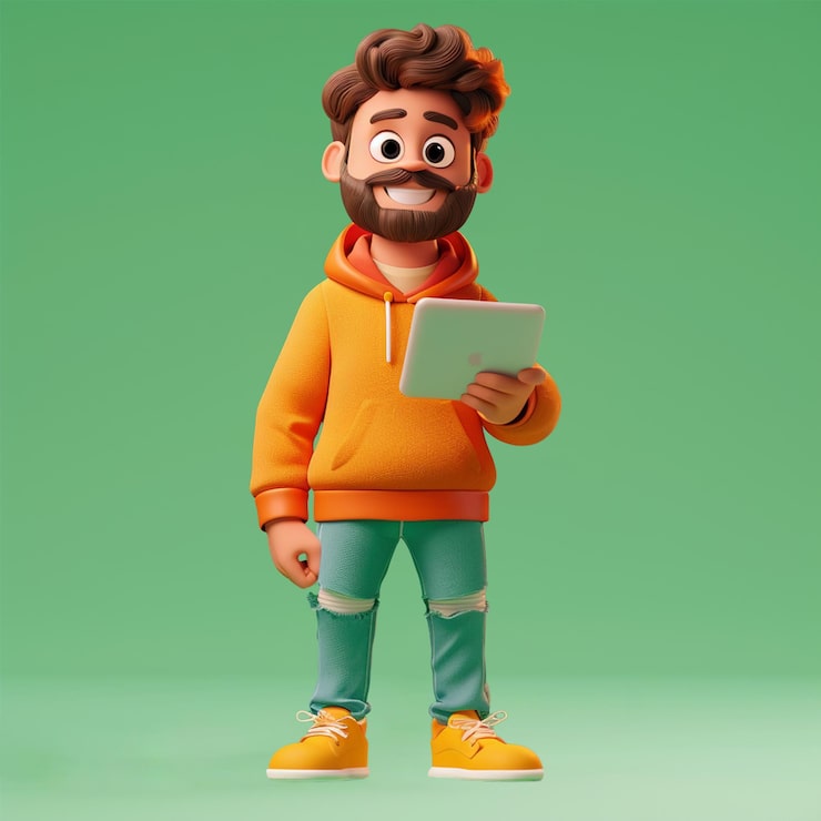 PSD ikon karakter fullbody 3d dari seorang desainer grafis bahagia yang memegang mouse dengan latar belakang layar hijau