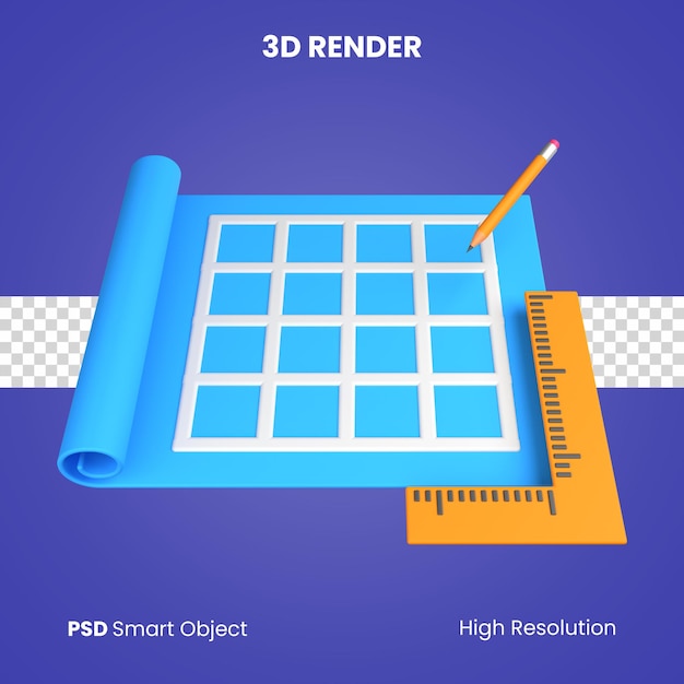 PSD il progetto 3d con matita e righello rende isolato