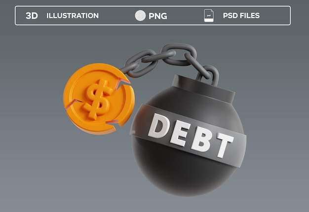 PSD illustration 3d de la dette en dollars