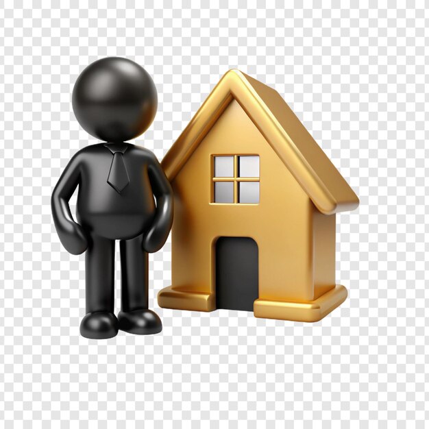 PSD illustration 3d d'un homme debout devant une maison