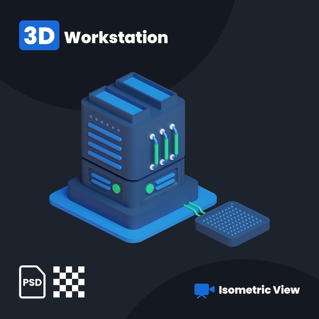 PSD illustrazione 3d della workstation database con vista isometrica