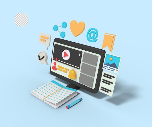 PSD ilustración 3d de aprender tutoriales en video en computadora en línea
