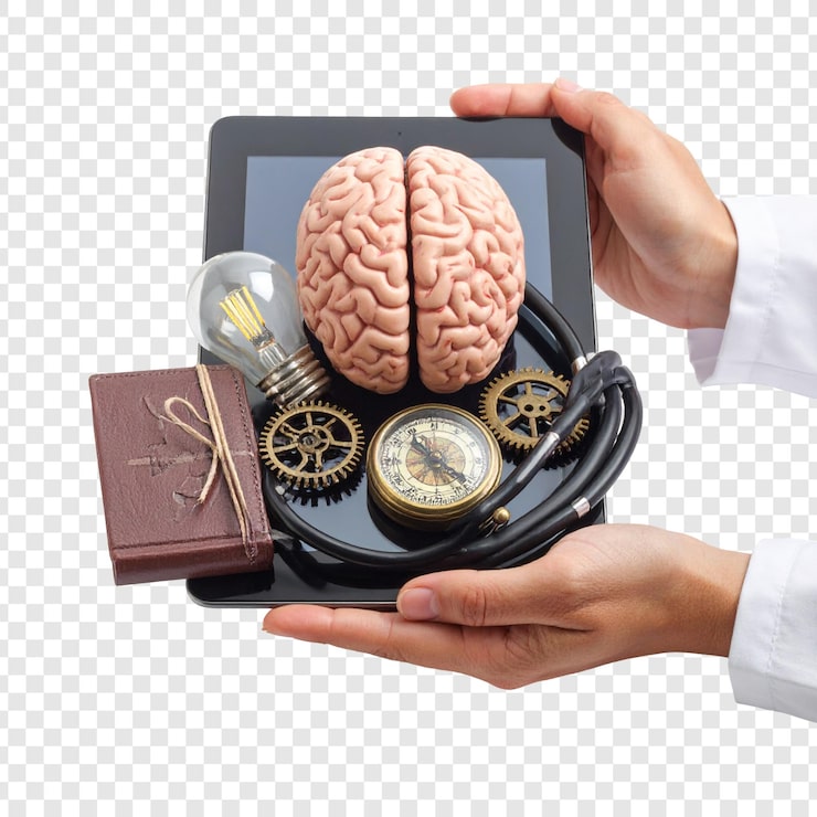 PSD ilustración educativa de modelo de cerebro humano en tableta mostrado por manos