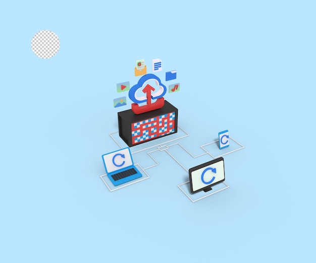 PSD ilustrasi 3d unggah file di server cloud