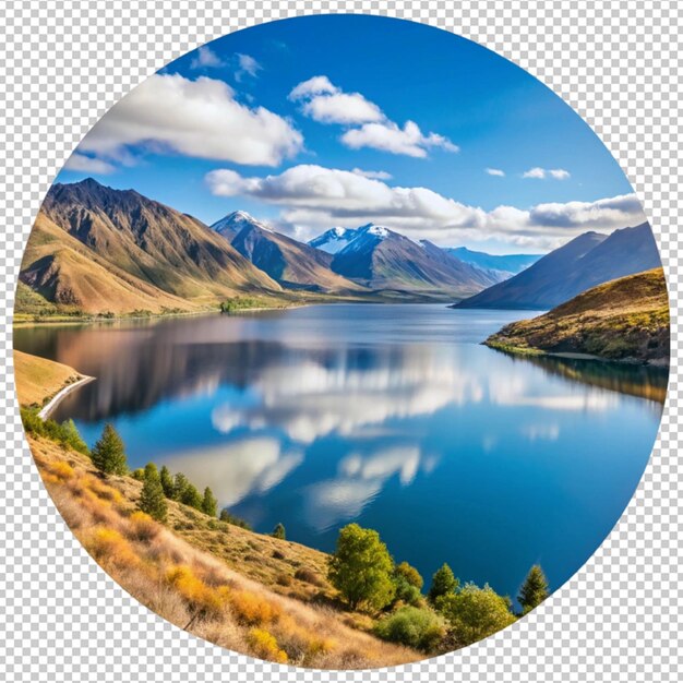 PSD una imagen de un lago con montañas y nubes en el fondo