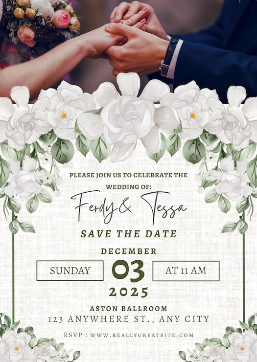 PSD invitación de boda floral simple blanca y gris 1