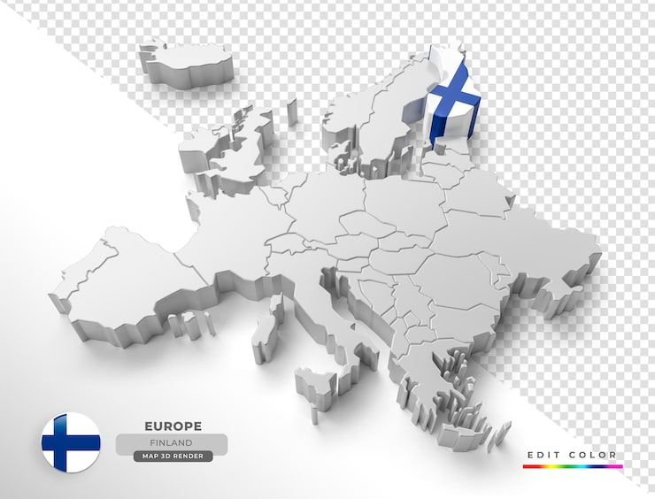 PSD izometrická mapa finska evropy s vlajkou ve 3d zobrazení