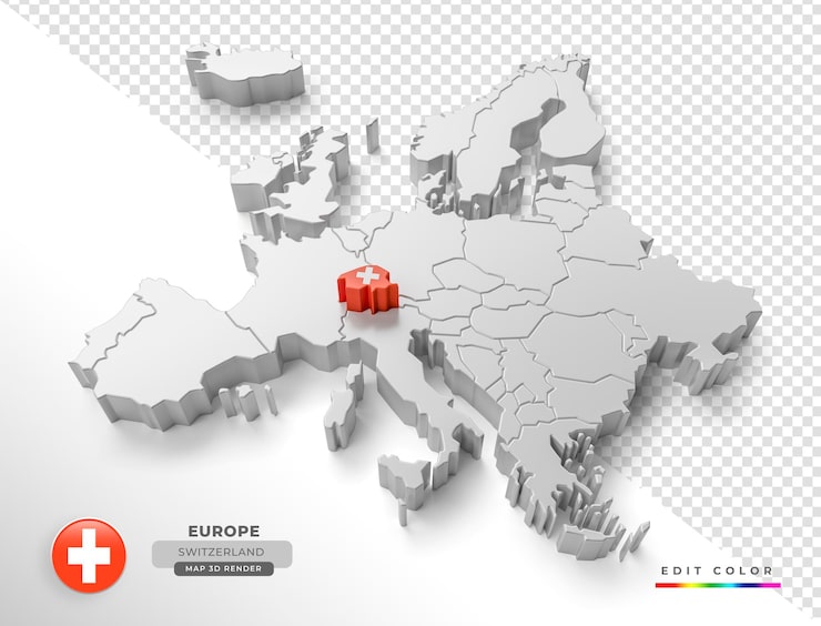 PSD izometrická mapa švýcarska evropy s vlajkou ve 3d zobrazení