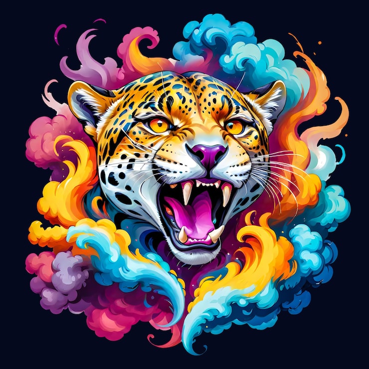 PSD jaguar roar face con colorido humo diseño de camiseta transparente para dtf