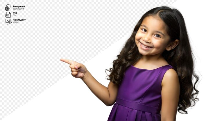 PSD la joven sonriente con el vestido púrpura señala a la derecha