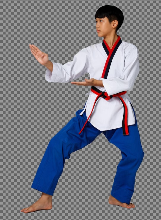 PSD karate adolescente ragazzo pratica pugno in cintura nera taekwondo uniforme a tutta lunghezza isolato