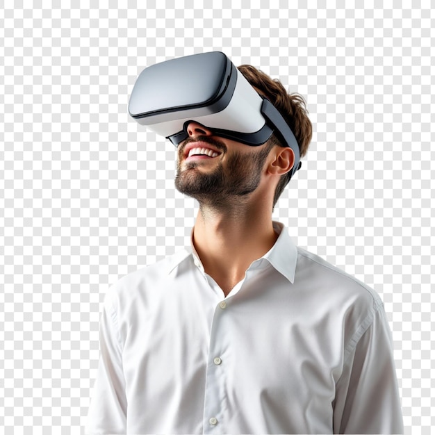 PSD lächelnder mann mit virtual-reality-headset-immersion-technologie