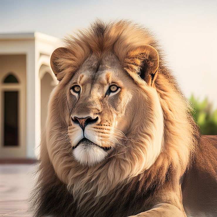 PSD leão deitado em um fundo claro com pouco borrão de um pátio de uma casa de estilo dubai