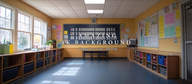 PSD leeres klassenzimmer mit tafel und regalen
