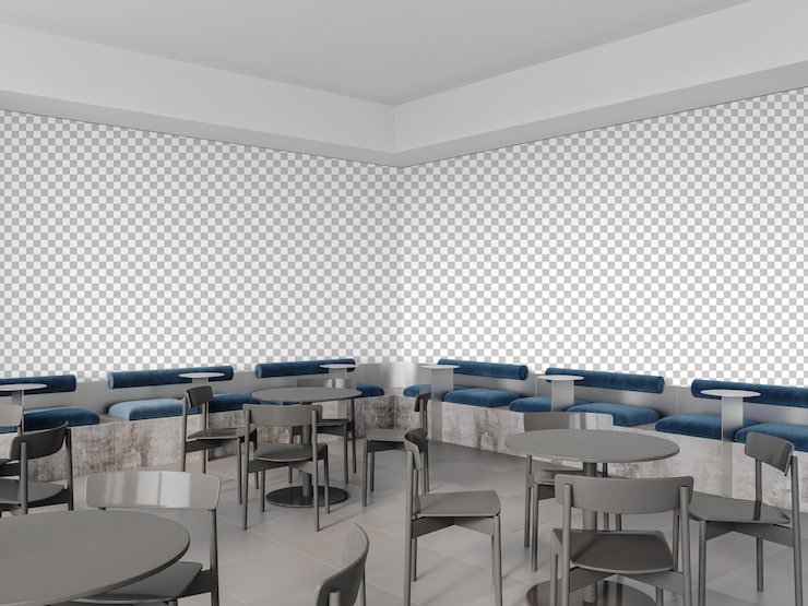 PSD leeres modernes café-interieur mit blauen sitzbänken und platzhalterwänden