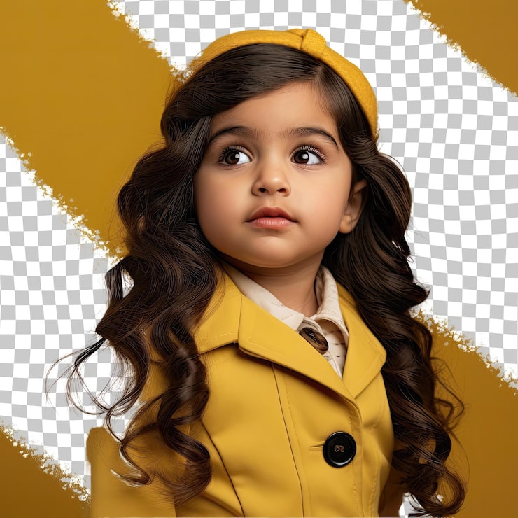 PSD lemonade dreams taxista chic esperanzadora niña hispana con el cabello largo hace una pose lateral