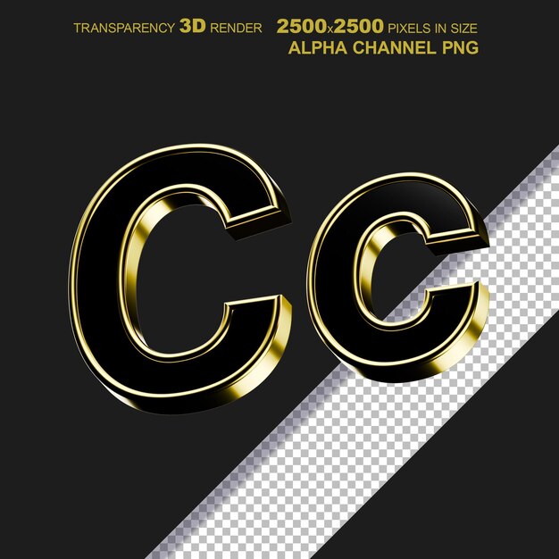 PSD letra c 3d preta e dourada isolada em fundo transparente
