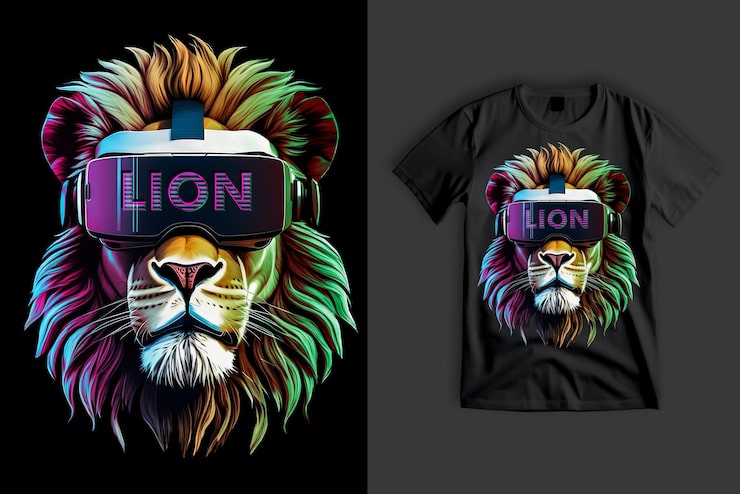 PSD lion con un auricular vr diseño de camiseta moderna para impresión dtf o dtg