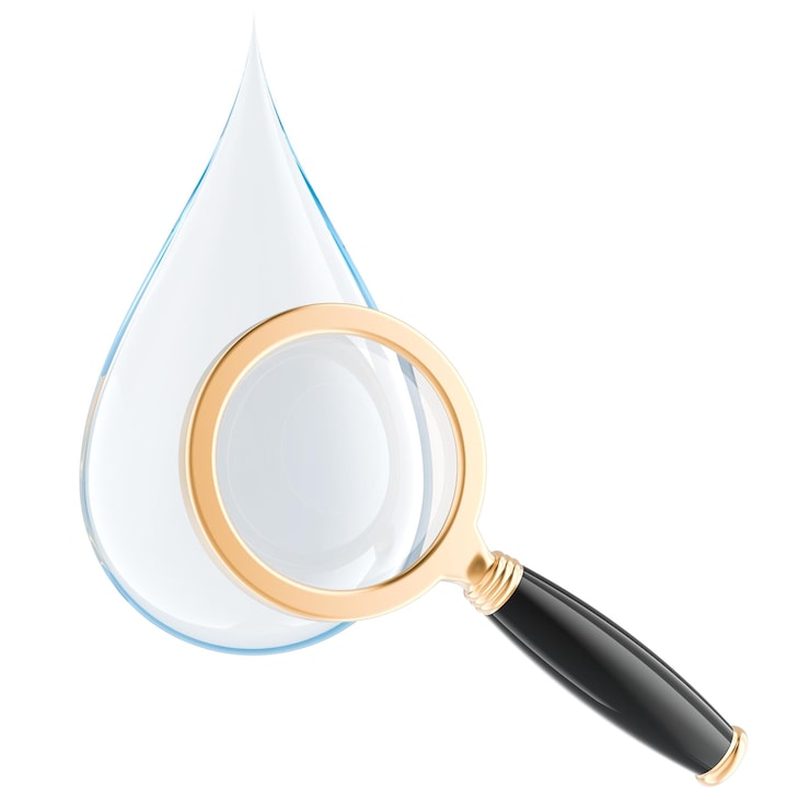 PSD loupe au-dessus d'une goutte d'eau. concept d'inspection de la qualité de l'eau, de test de pureté et d'analyse de liquide. rendu 3d.