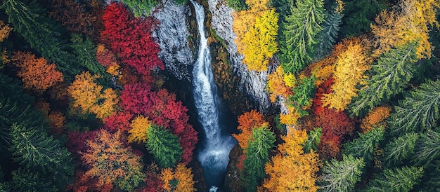 PSD luftansicht auf einen wasserfall im herbstwald