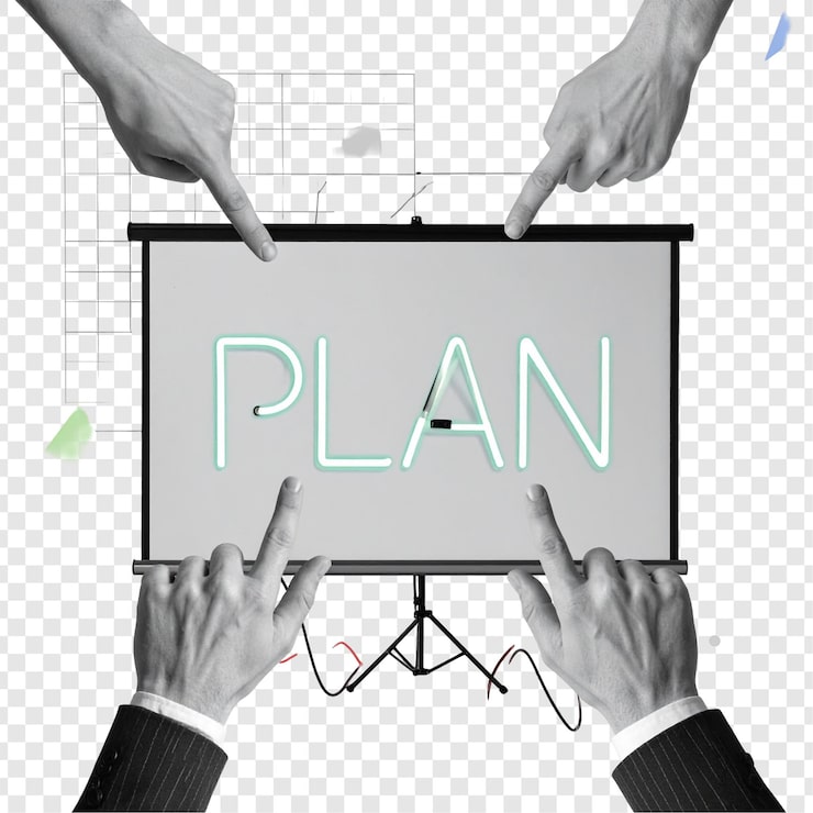 PSD les mains de l'équipe pointant vers le graphique de l'écran de projection du plan