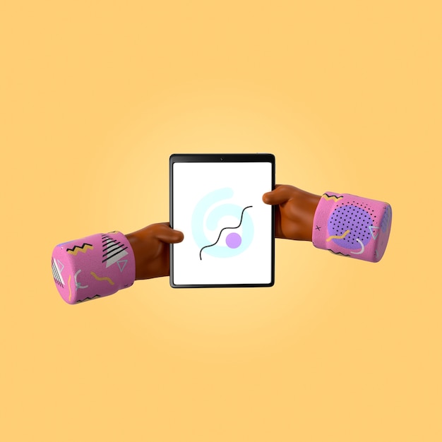 PSD des mains tenant une tablette avec des éléments de conception