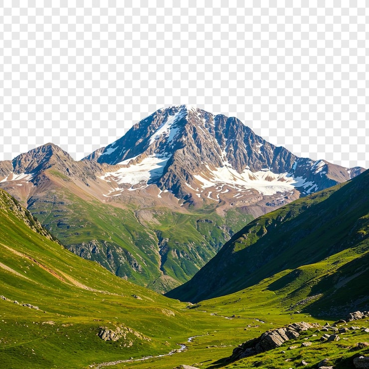 PSD majestátní horský vrchol a svěží zelené údolí