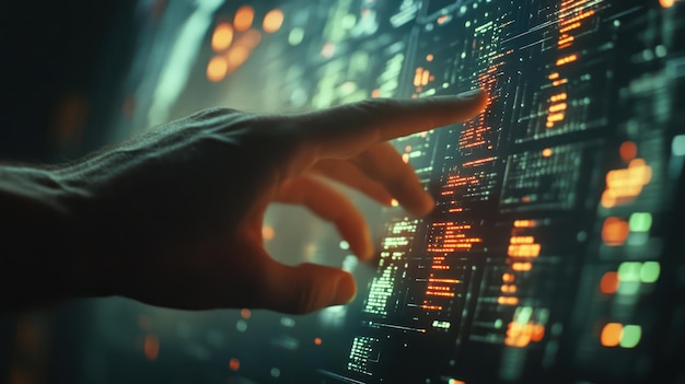 PSD mão digital interagindo com interface futurista