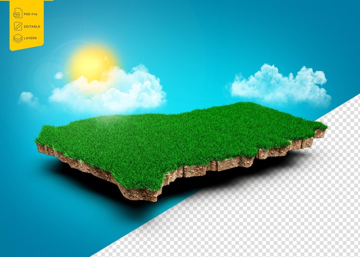 PSD mapa de ghana geología del suelo sección transversal con hierba verde y textura del suelo de roca ilustración 3d