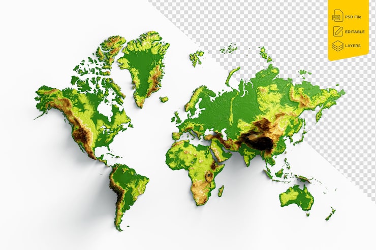 PSD mapa del mundo 3d mapa hipsométrico de relieve sombreado aislado sobre fondo blanco ilustración 3d